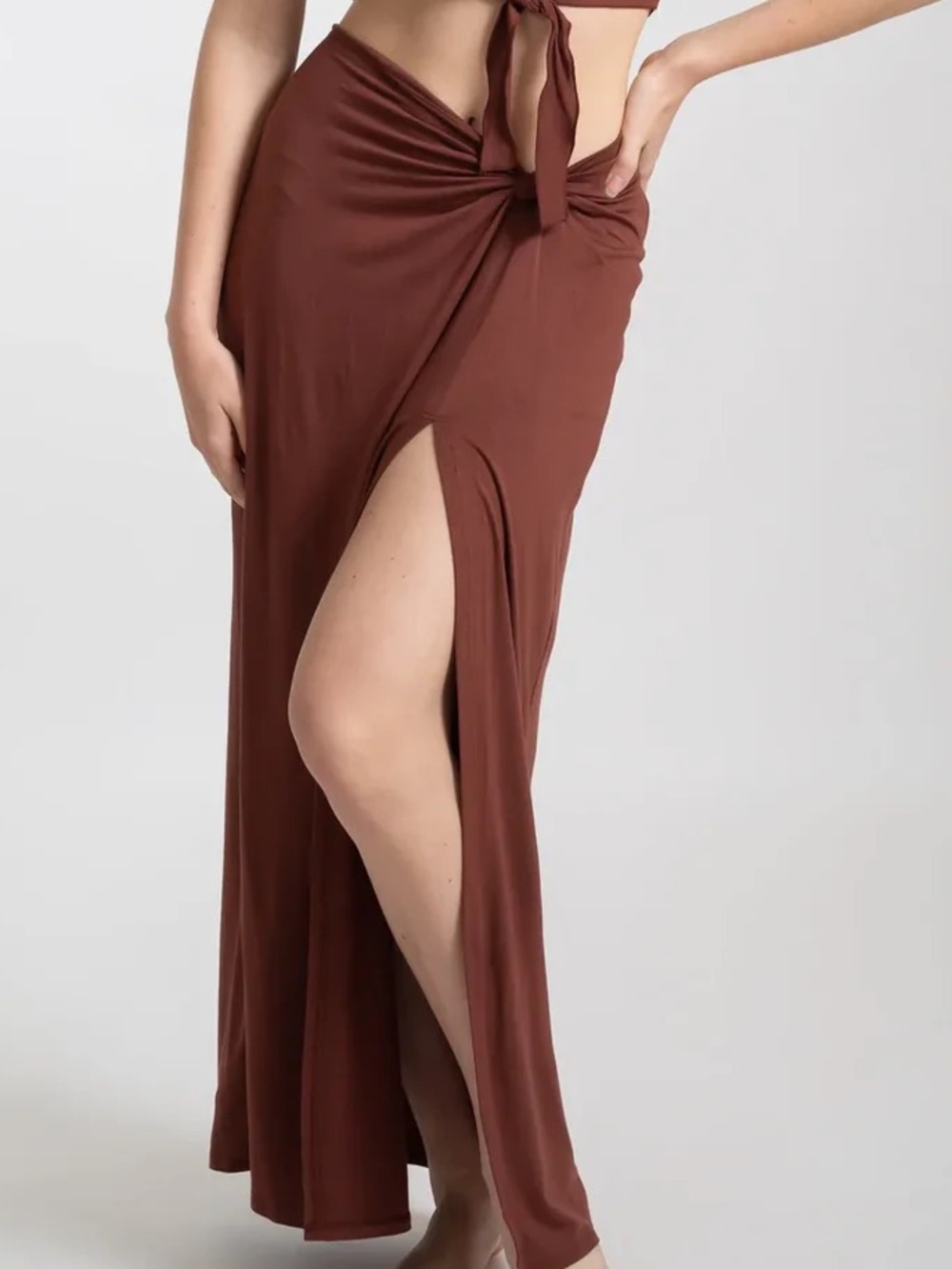 Tie-Waist Maxi Skirt with High Side Slit in Brown